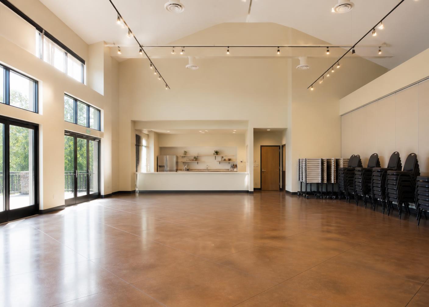 Open hall with prep counter and stacked chairs
